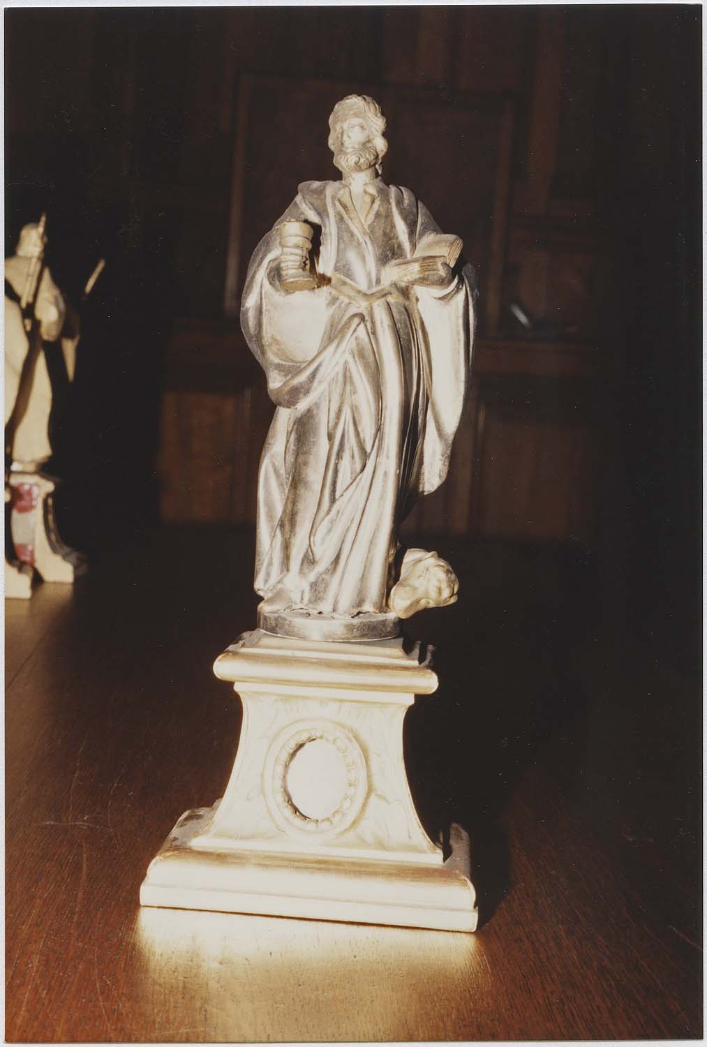 Ensemble de dix statues-reliquaires (statuettes) : Saint Matthieu ; Saint Marc ; Saint Luc ; Saint Jean ; Saint Laurent ; Saint Etienne ; Saint Ambroise ; Saint Jérôme ; Saint Grégoire ; Saint Augustin