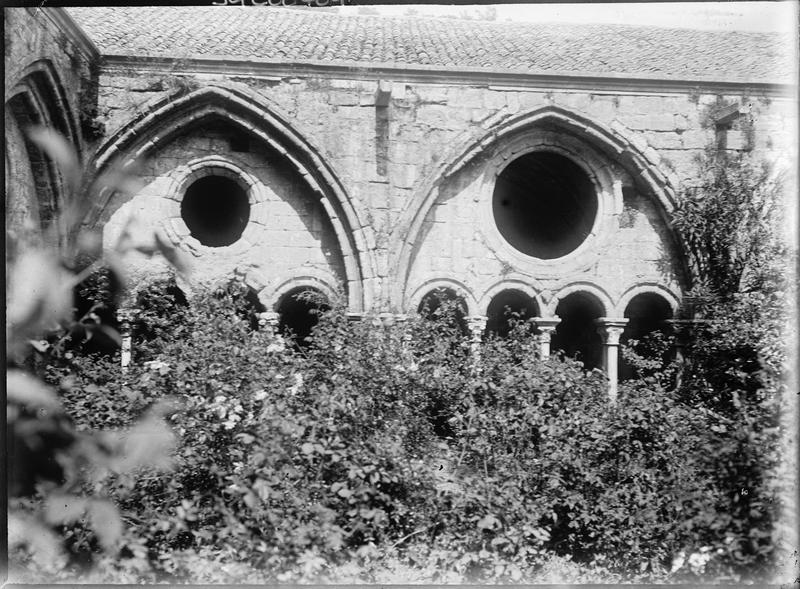 Cloître : galerie, arcades, depuis le jardin