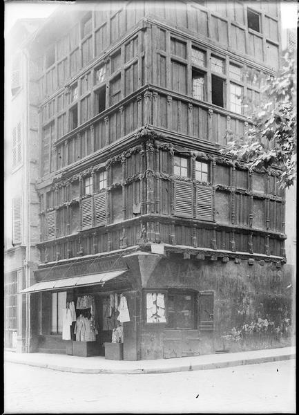 Façade en bois sur rue, sculptée d'animaux et de personnages