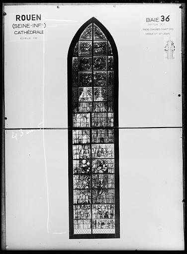 Photomontage de vitrail : baie 36, trois diacres martyrs, Vierge et saint Jean