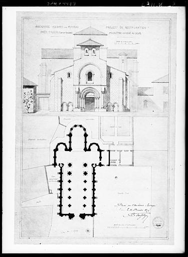 Abbaye, plan général et élévation ouest, projet de restauration