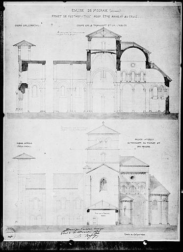 Coupe longitudinale du transept et de l'abside, élévation des mêmes, projet de restauration