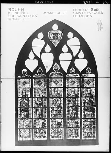 Photomontage de vitrail : baie 206, saints évêques de Rouen, état avant restauration