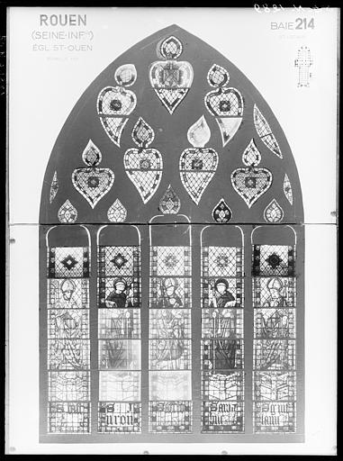 Photomontage de vitrail : baie 214, saints locaux, état après restauration