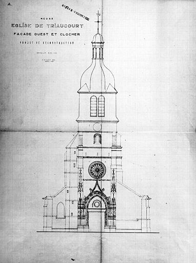 Elévation de la façade ouest et du clocher : projet de restauration du clocher