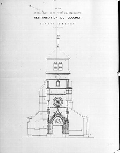 Elévation de la façade du clocher : projet de restauration du clocher