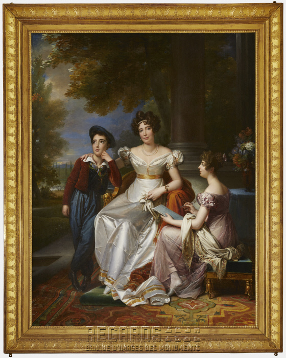 Tableau et son cadre : Portrait de Zoé Victoire Talon, comtesse Baschi du Cayla, et de ses enfants, Valentine et Ugolin, sur la terrasse du château de Saint-Ouen