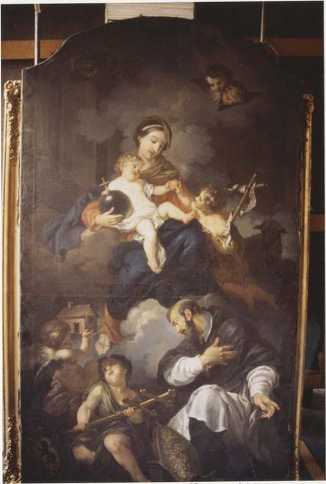 tableau : la Vierge, l'Enfant Jésus et saint Jean-Baptiste, avec le grand doyen de Bouzey aux pieds de la la Vierge