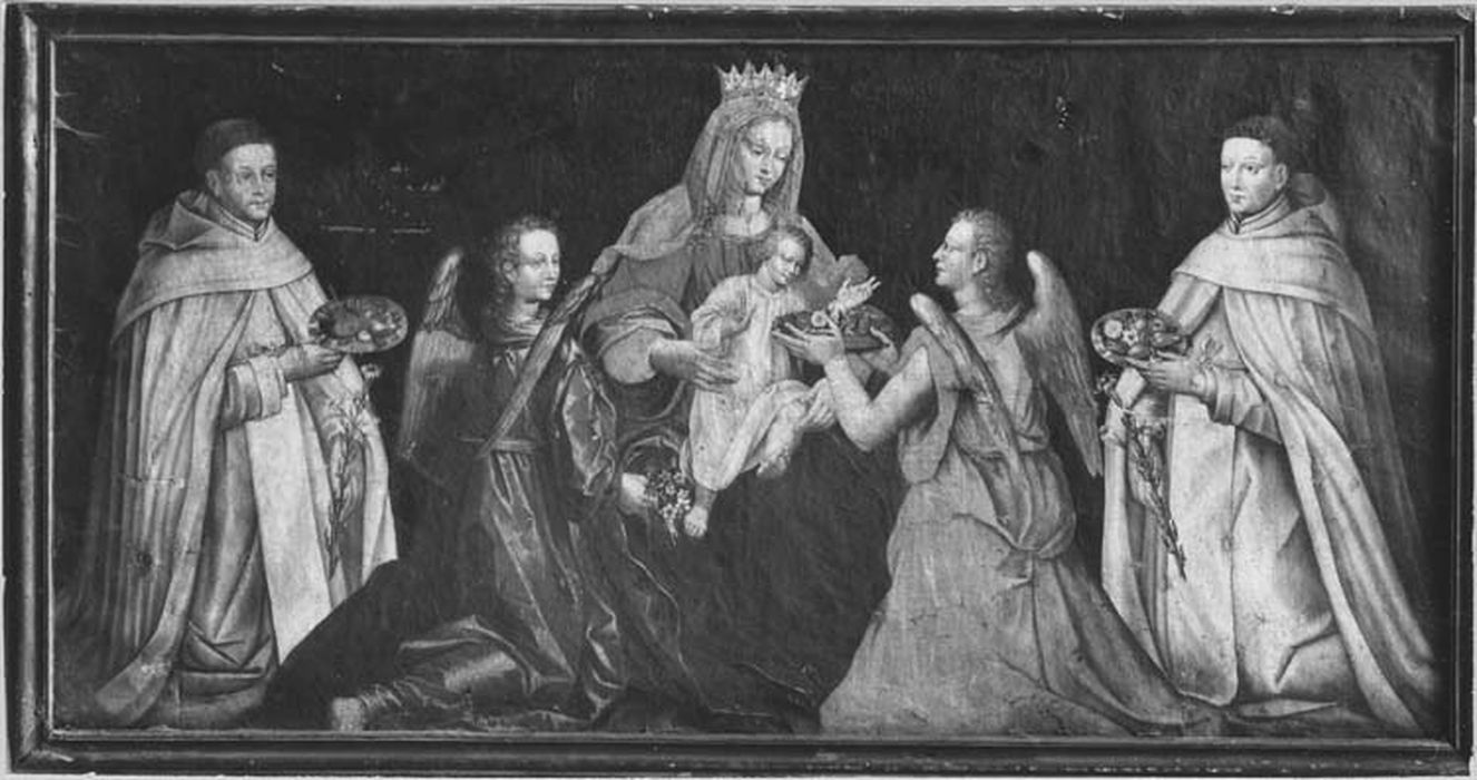 tableau : la Vierge à l'Enfant, entourée de deux anges et de deux moines blancs