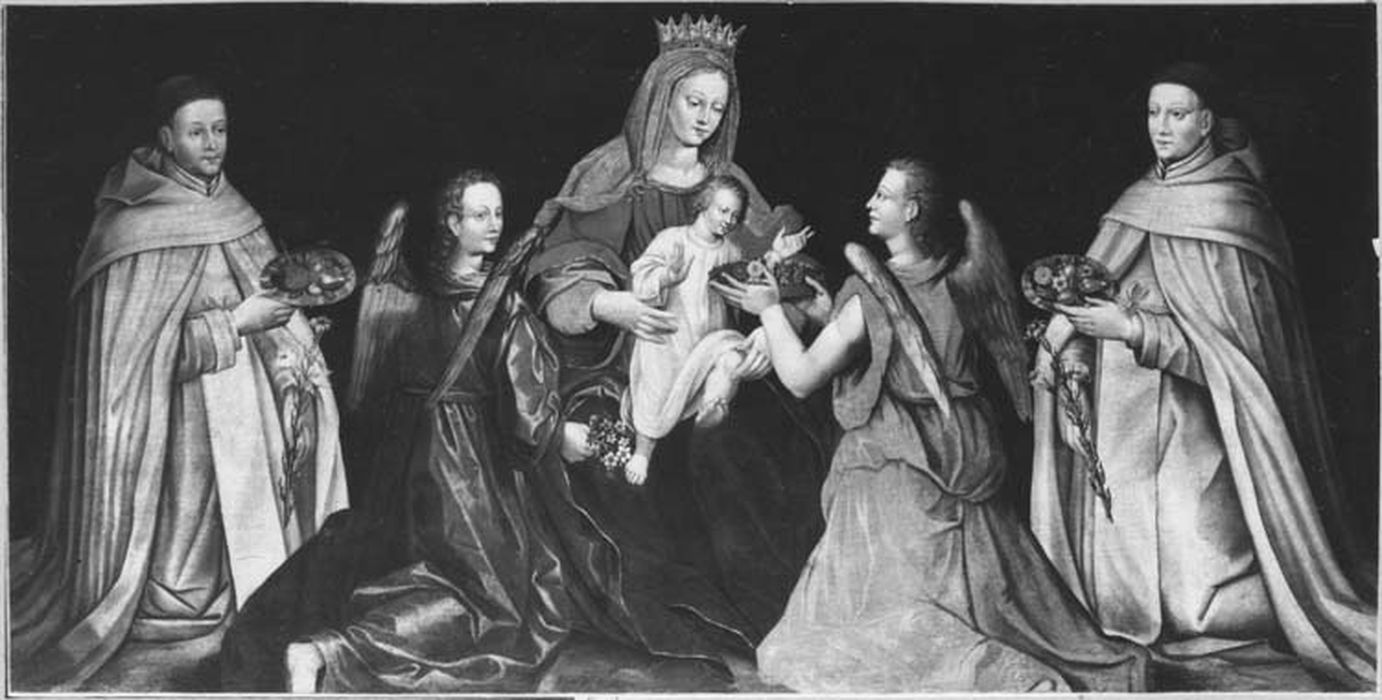 tableau : la Vierge à l'Enfant, entourée de deux anges et de deux moines blancs