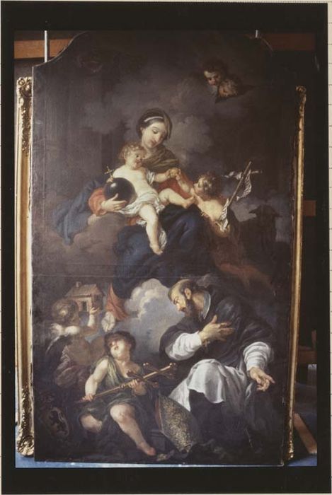 tableau : la Vierge, l'Enfant Jésus et saint Jean-Baptiste, avec le grand doyen de Bouzey aux pieds de la la Vierge