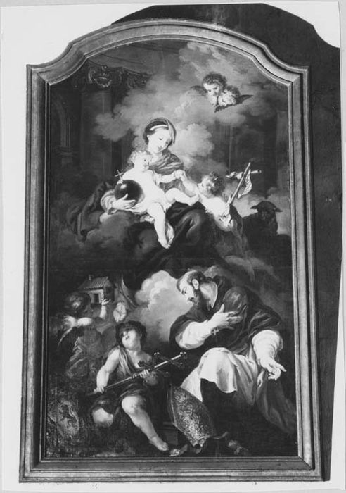 tableau : la Vierge, l'Enfant Jésus et saint Jean-Baptiste, avec le grand doyen de Bouzey aux pieds de la la Vierge