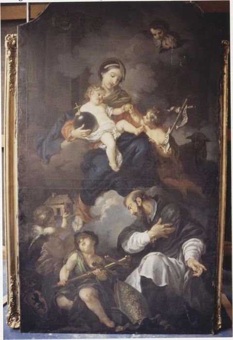 tableau : la Vierge, l'Enfant Jésus et saint Jean-Baptiste, avec le grand doyen de Bouzey aux pieds de la la Vierge