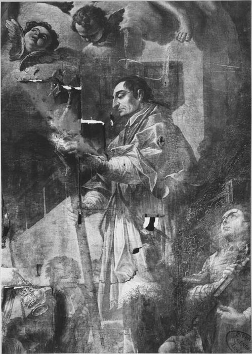 tableau, cadre : saint Charles Borromée, vue partielle