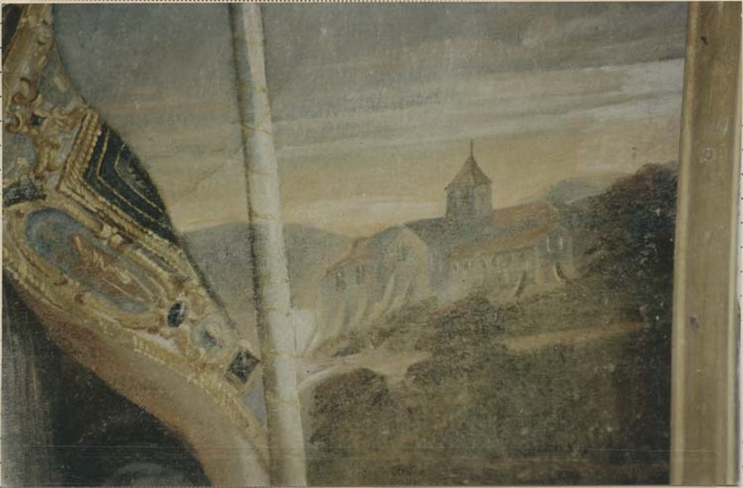 tableau : Saint Gauzelin, évêque de Toul, en évêque avec l'église d'Ecrouves, détail