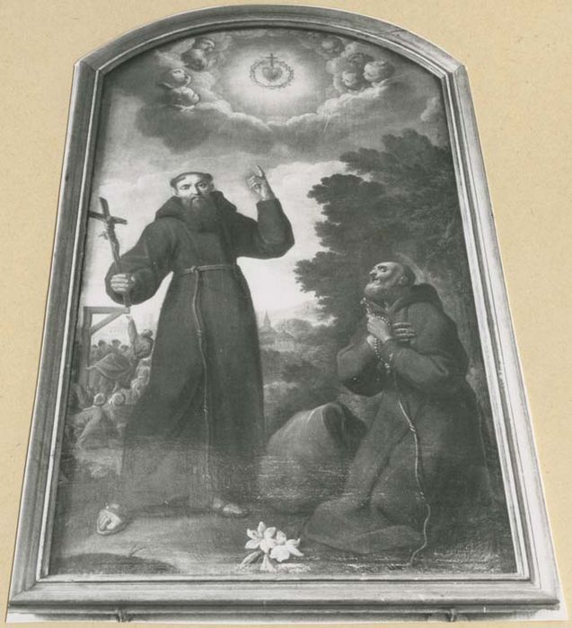 tableau : Deux saints Franciscains, saint Joseph de Léonissa et saint Félix de Cantalice, adorant le Sacré-Coeur