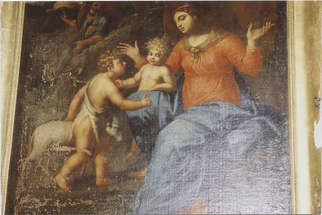 tableau : Sainte Famille et saint Jean-Baptiste enfant ; cadre, vue partielle