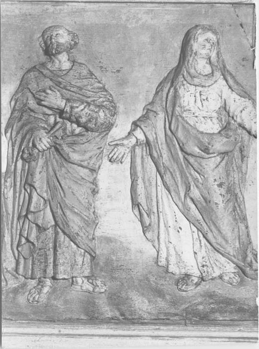 bas-reliefs : la Vierge et saint Pierre (ensemble de 2 bas-reliefs : le Christ entouré d'apôtres et d'évangélistes, la Vierge entourées d'apôtres et d'évangélistes)