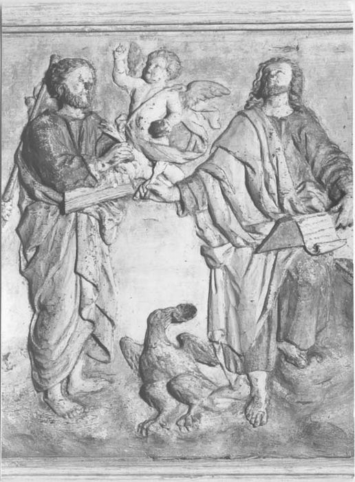 bas-reliefs : 2 personnages (ensemble de 2 bas-reliefs : le Christ entouré d'apôtres et d'évangélistes, la Vierge entourées d'apôtres et d'évangélistes)