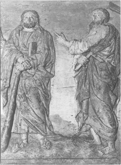 bas-reliefs : 2 personnages (ensemble de 2 bas-reliefs : le Christ entouré d'apôtres et d'évangélistes, la Vierge entourées d'apôtres et d'évangélistes)