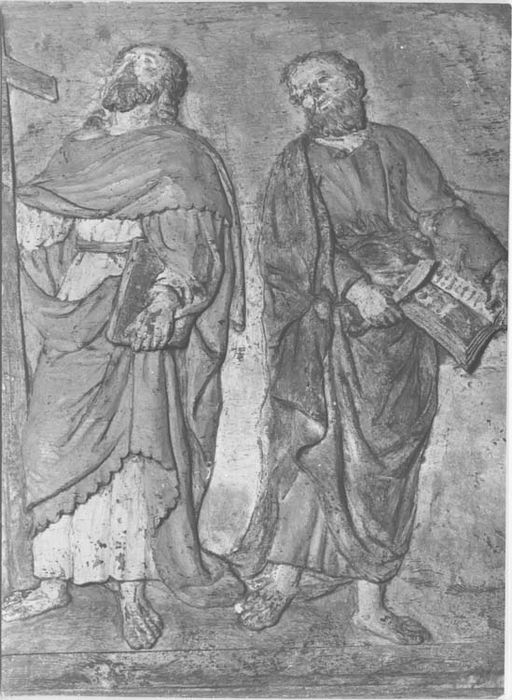 bas-reliefs : 2 personnages (ensemble de 2 bas-reliefs : le Christ entouré d'apôtres et d'évangélistes, la Vierge entourées d'apôtres et d'évangélistes)