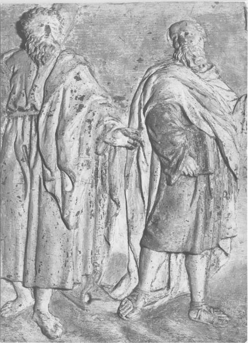 bas-reliefs : 2 personnages (ensemble de 2 bas-reliefs : le Christ entouré d'apôtres et d'évangélistes, la Vierge entourées d'apôtres et d'évangélistes)