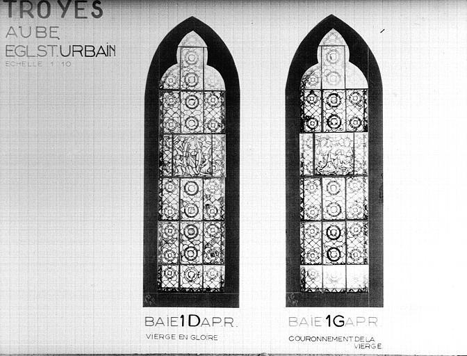 Photomontage de vitrail, baies 1D et 1G :  Assomption et  Couronnement de la Vierge, état après restauration