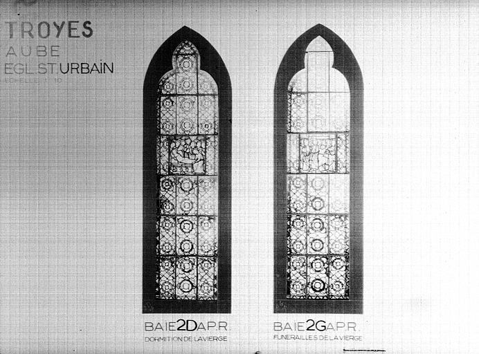 Photomontage de vitrail, baies 2D et 2G : Dormition et Funérailles  de la Vierge, état après restauration