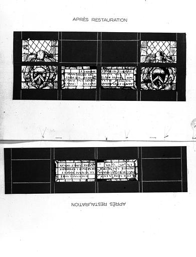 Photomontage de vitrail : baies XIX et XX, fragments, état après  restauration