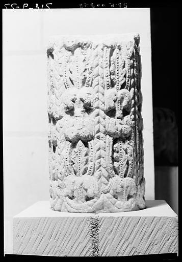 Fragment de fût de colonne sculpté, pierre blanche : feuillages