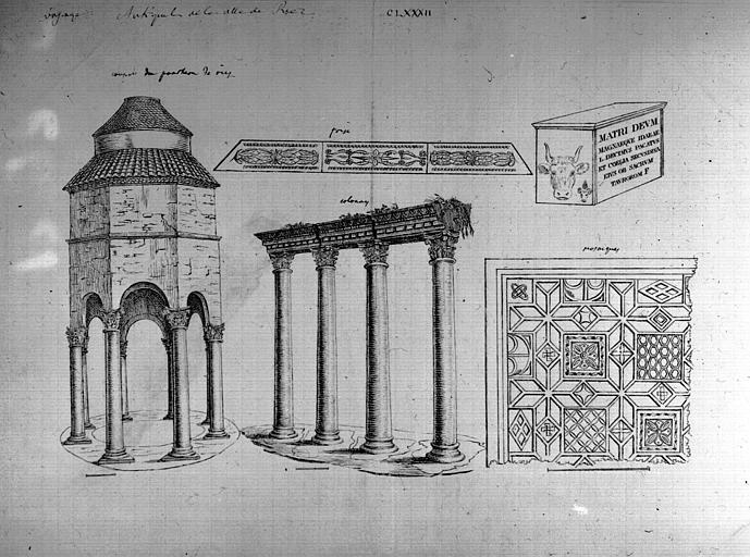 Gravure : coupole du Panthéon, frises, colonnes, mosaïques