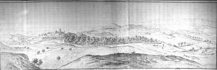 Gravure : vue panoramique d'une ville