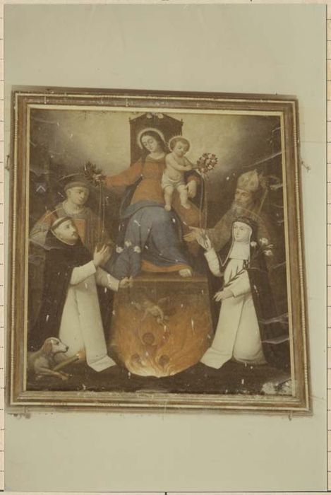 tableau : Le Rosaire avec la Vierge et l'Enfant, saint Dominique et sainte Catherine de Sienne, un saint évêque et un saint Diacre et le Purgatoire