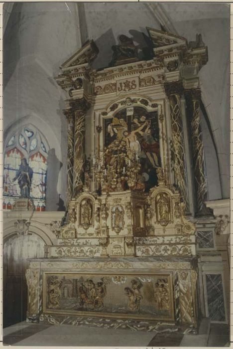 autel, antependium : le Martyre de saint Gervais et de saint Protais, tabernacle avec statuettes, retable et portes latérales, 2 statues : Saint Gervais, Saint Protais (maître-autel)