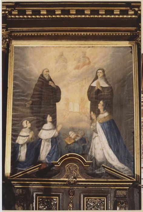 autel, retable, tableau et cadre : Anne d'Autriche et ses enfants Louis XIV et le duc d'Anjou remerciant saint Benoît et sainte Scholastique