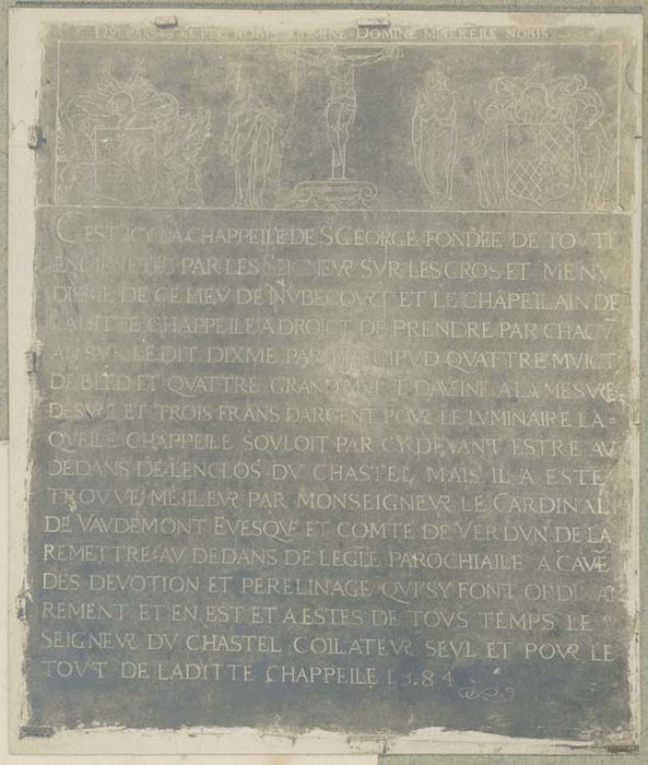 plaque commémorative de la fondation d'une chapelle par les seigneurs de Nubécourt