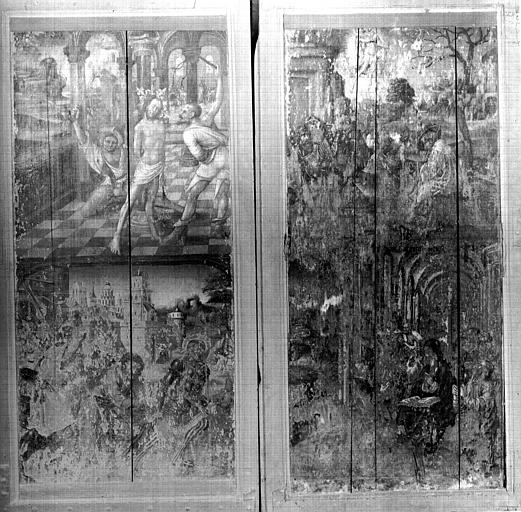 Panneau de bois du retable : Flagellation, Portement de Croix,  Resurrection et Pentecôte, état avant restauration