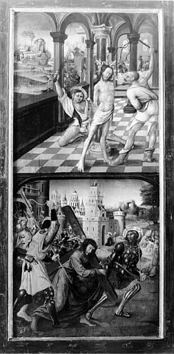 Panneau de bois du retable : Flagellation, Portement de Croix,  état après restauration