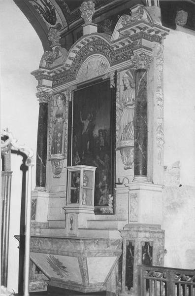 autel, retable, 2 statues, tableau : saint Jean-Baptiste, sainte Catherine, Prédication de saint Jean-Baptiste (la), vue générale