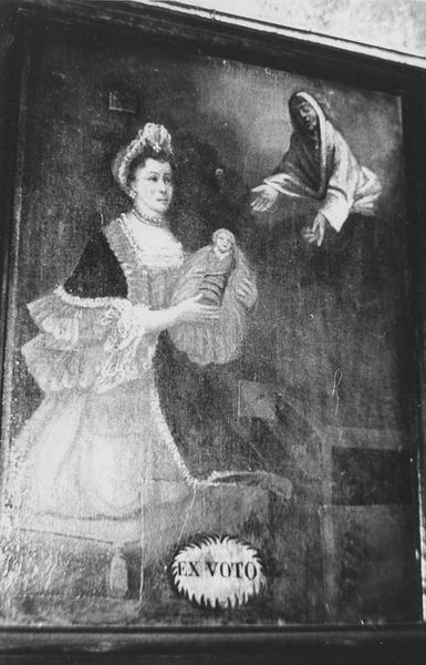 tableau, ex-voto dédié à sainte Anne : femme présentant son enfant emmailloté, vue générale
