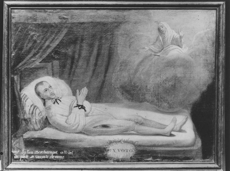 tableau, ex-voto dédié à sainte Anne : Guérison de Julien Deschamps de la peste, vue générale