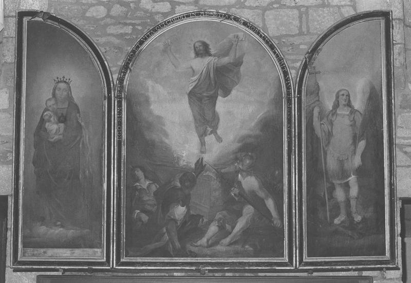 tableau (triptyque) : résurrection du Christ (la), saint Michel terrassant le démon, Vierge à l'enfant, vue générale - © Ministère de la Culture (France), Médiathèque du patrimoine et de la photographie (objets mobiliers), tous droits réservés