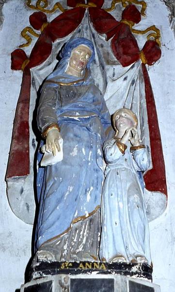 retable du maître-autel, groupe sculpté : Sainte Anne et la Vierge et statue : Saint Eloi