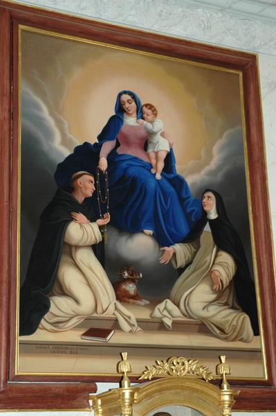 autel et retable sud, tableau : Le Rosaire et statue : Vierge à l'Enfant avec sa vitrine