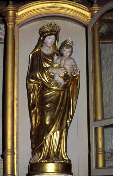autel et retable sud, tableau : Le Rosaire et statue : Vierge à l'Enfant avec sa vitrine