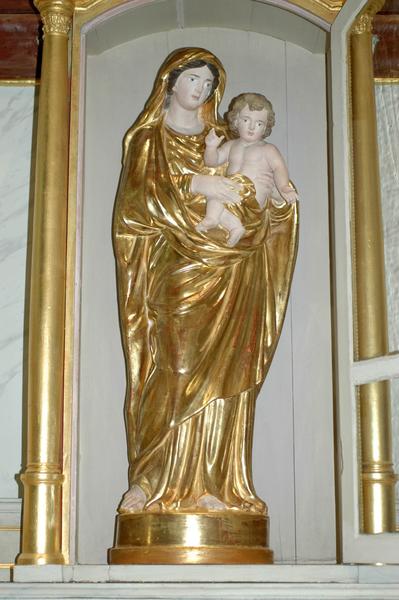 autel et retable sud, tableau : Le Rosaire et statue : Vierge à l'Enfant avec sa vitrine