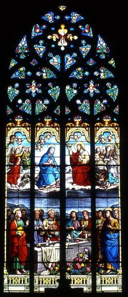 Verrières du choeur et du transept sud et nord : Assomption, Nativité et Mariage de la Vierge