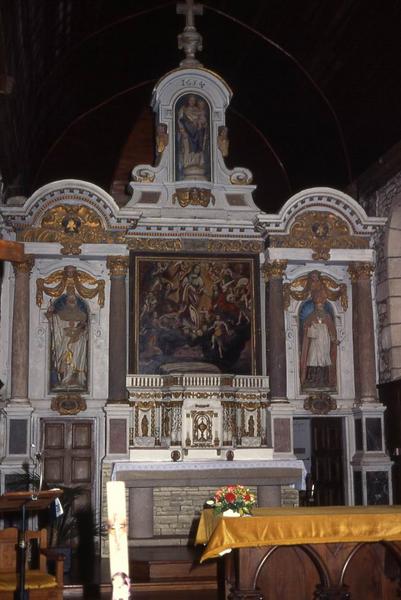 retable du maître-autel, ses trois statues : Saint Jacques, Saint Colomban, Vierge à l'Enfant et son tableau : Assomption