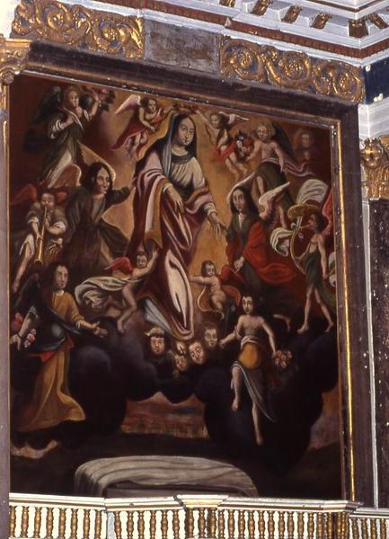 retable du maître-autel, ses trois statues : Saint Jacques, Saint Colomban, Vierge à l'Enfant et son tableau : Assomption