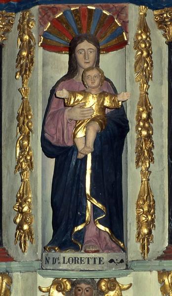 retable latéral sud et deux statues :  Vierge à l'Enfant